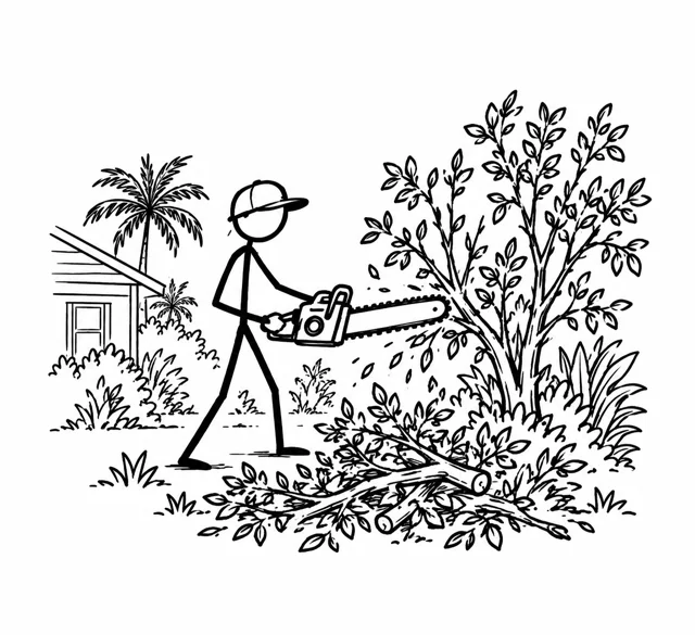 Faceless figure using a chainsaw for vegetation removal