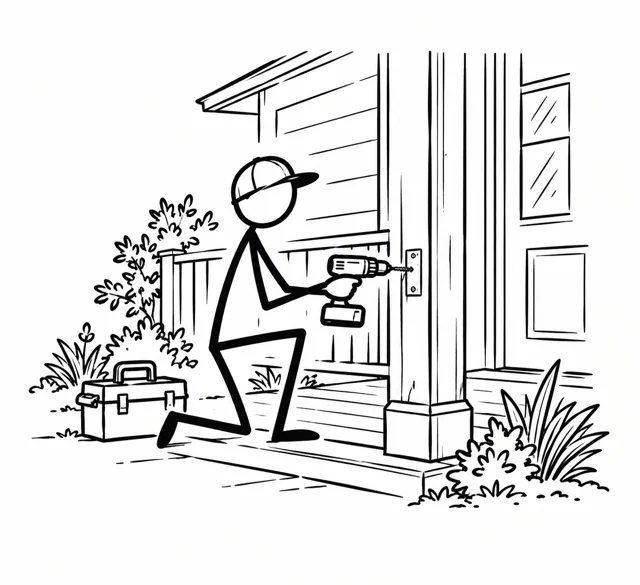 Stick figure repairing a door with tools