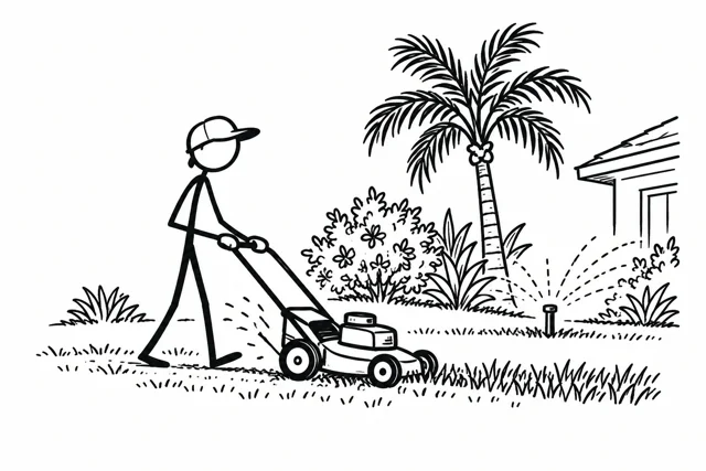 Stick figure mowing a lawn